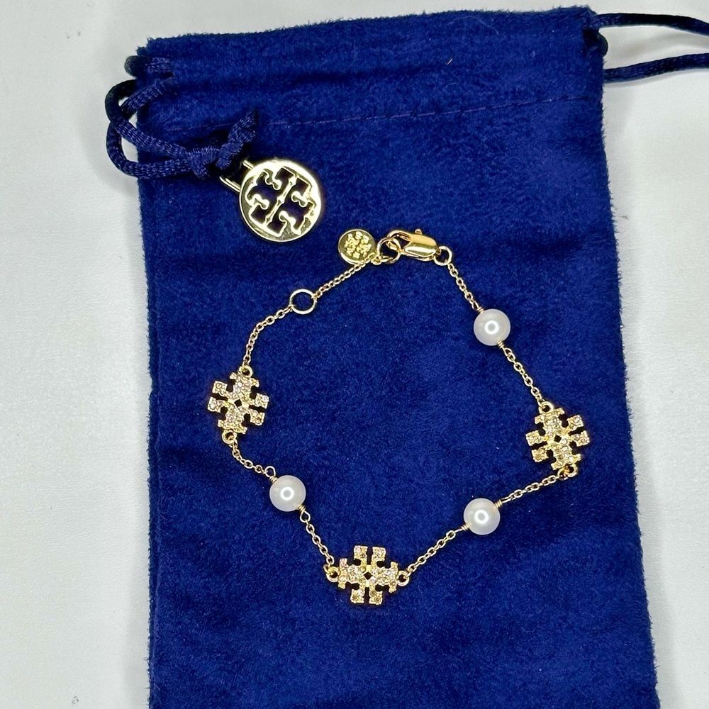 Tory Burch Kira Pavé Pearl Delicate Chain Bracelet Gold Plated Adjustable